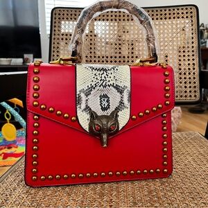 Red Studded Handbag with Snake Print Accent